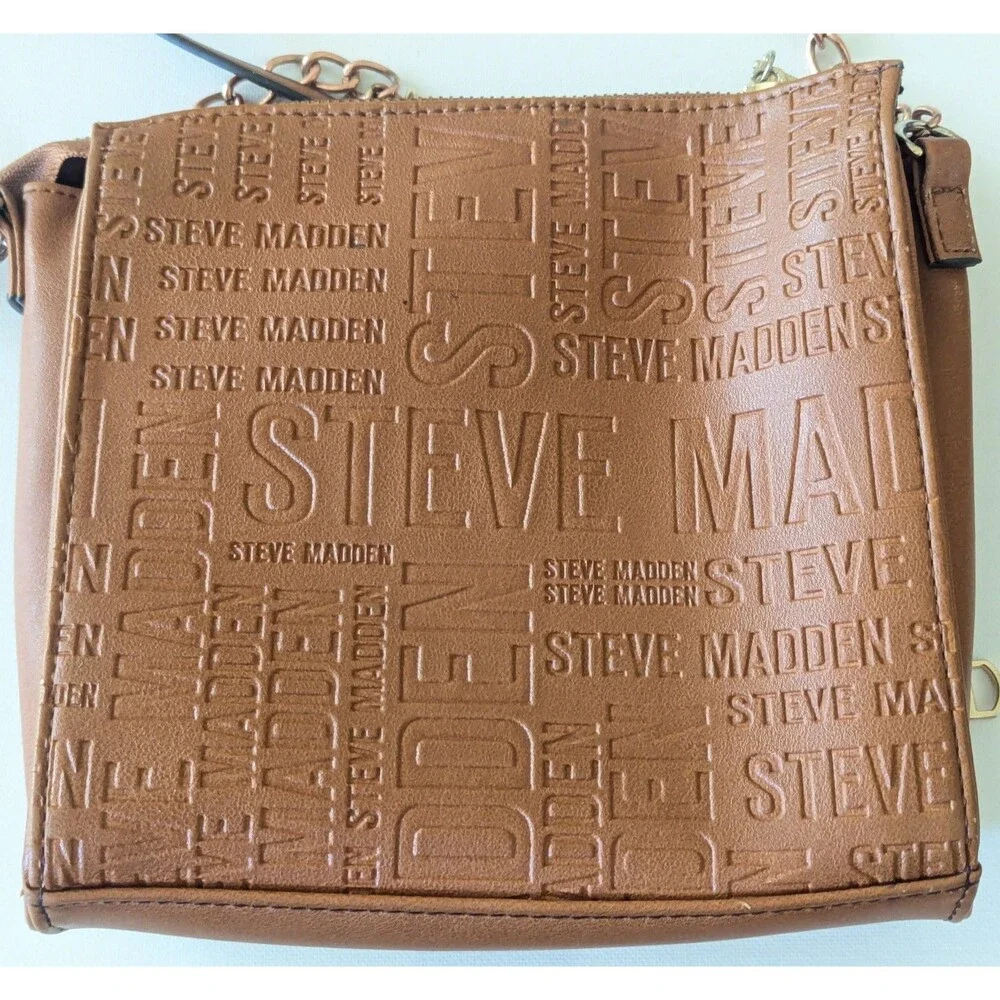Steve Madden Purse Brown Cognac Logo Embossed Faux Leather Crossbody Bag Gold